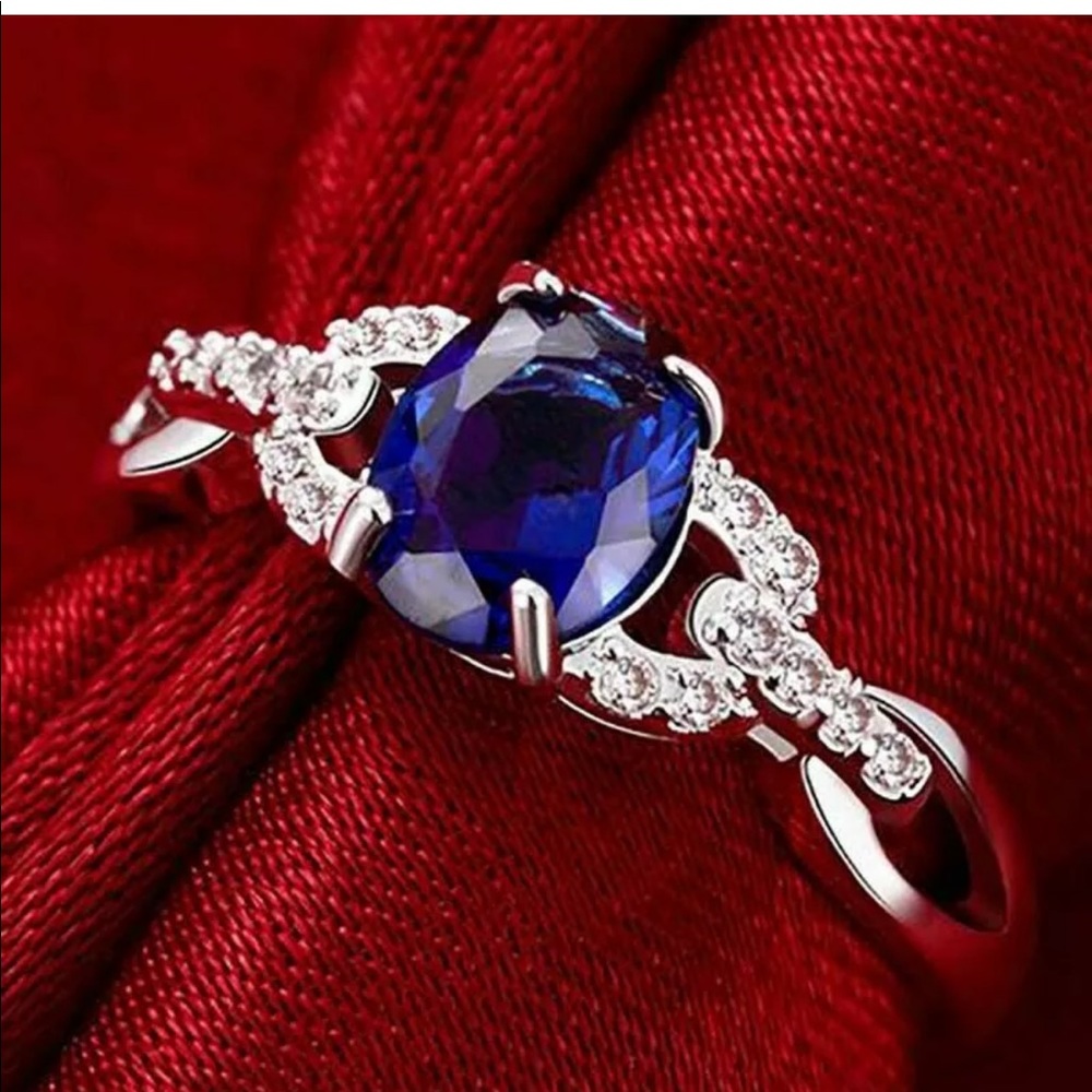 Blue & white Sapphire Rings 925 Silver  Size 6